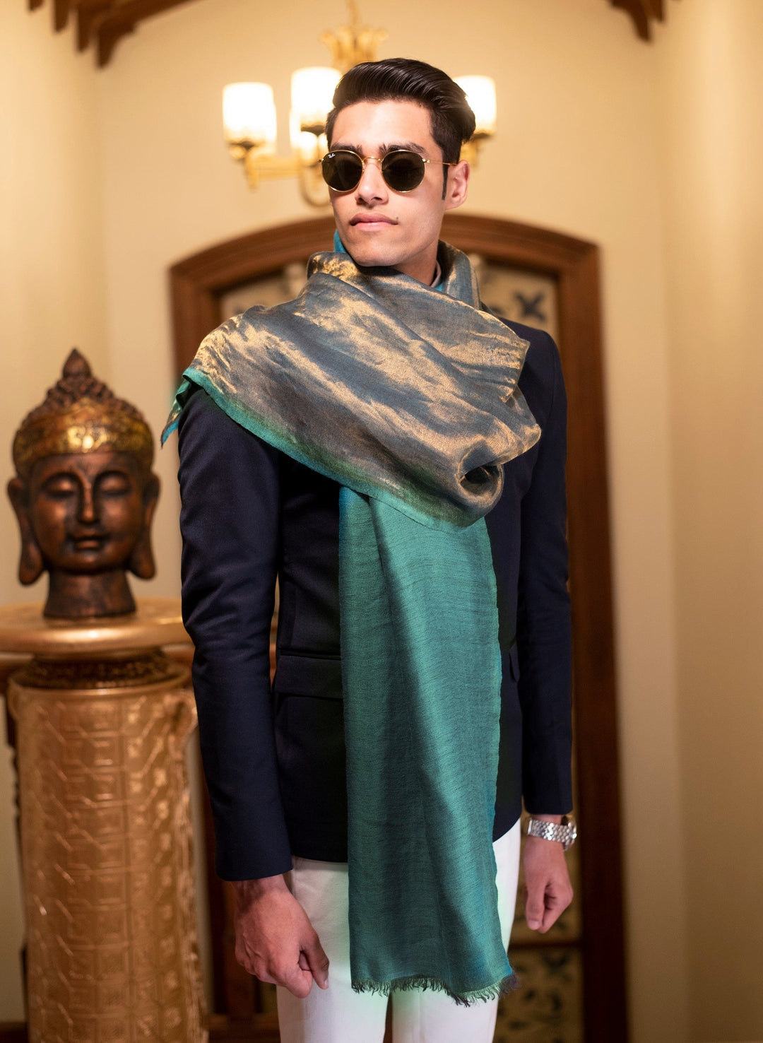 Pashtush India Mens Scarves Stoles and Mufflers Pashtush Mens Twilight Collection, Reversible With Metallic Thread Weave, Fine Wool, Azure