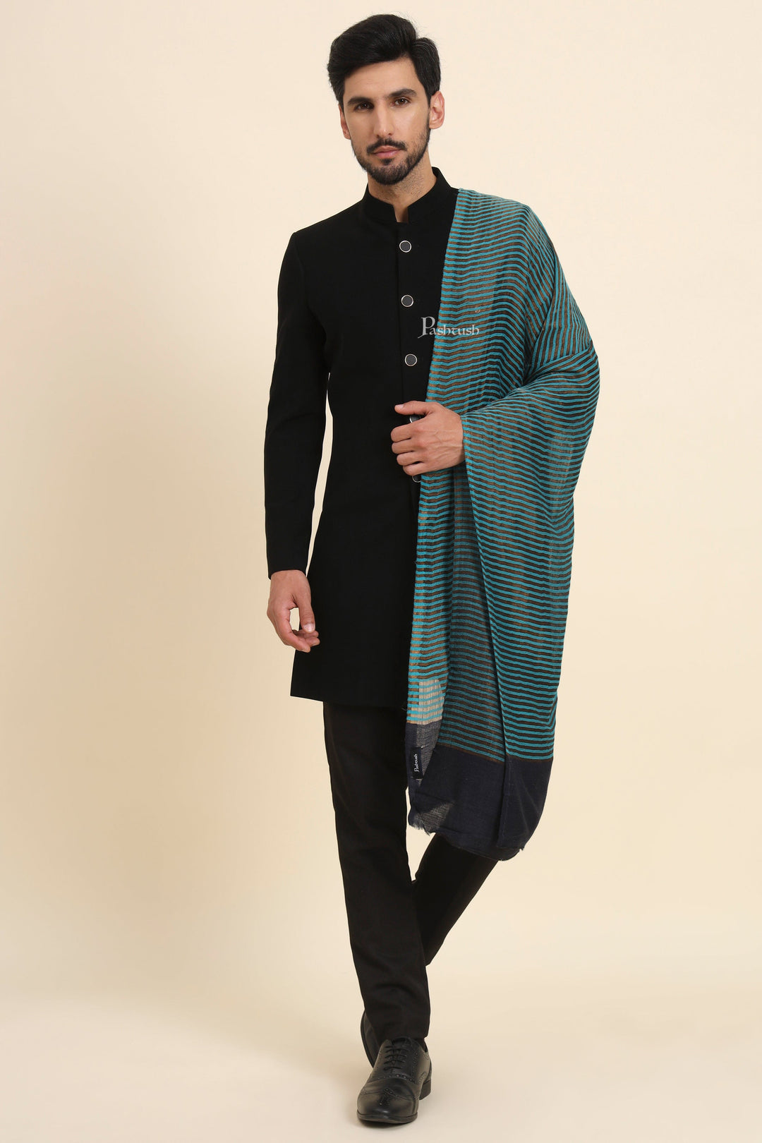 Pashtush India Mens Shawls Gents Shawl Pashtush Mens Twilight Collection Stole, Striped Design, Azure Blue