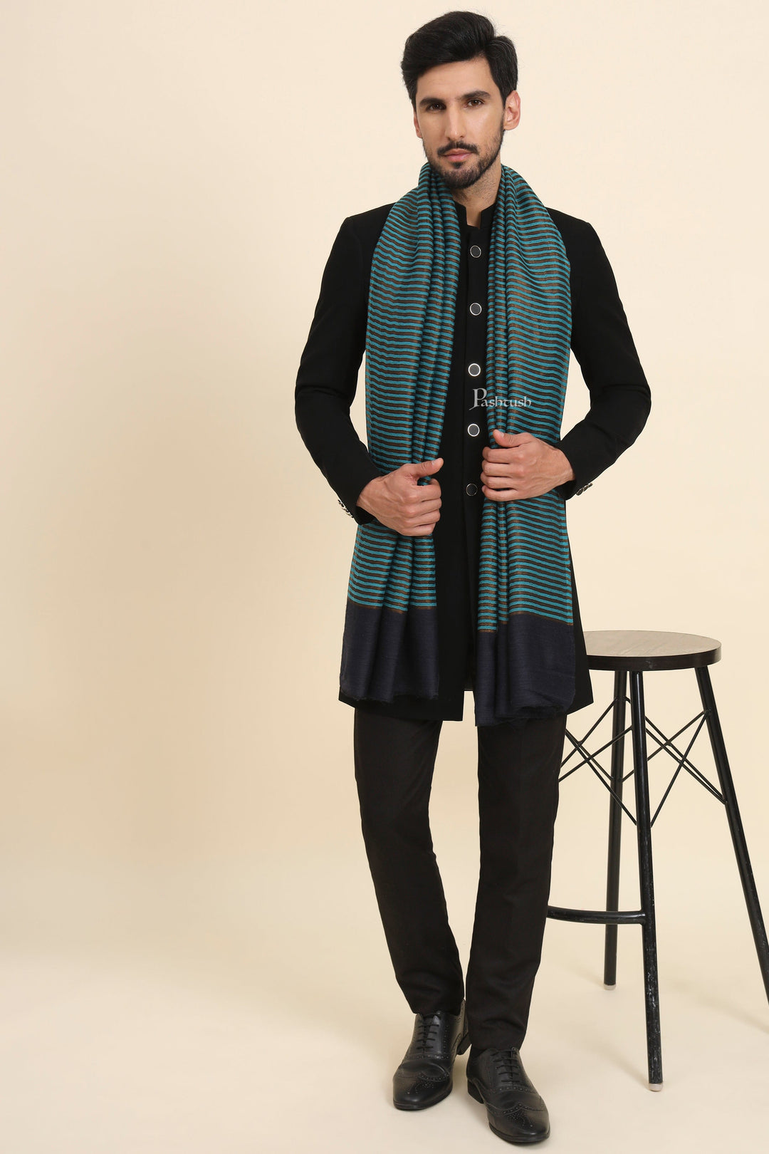 Pashtush India Mens Shawls Gents Shawl Pashtush Mens Twilight Collection Stole, Striped Design, Azure Blue