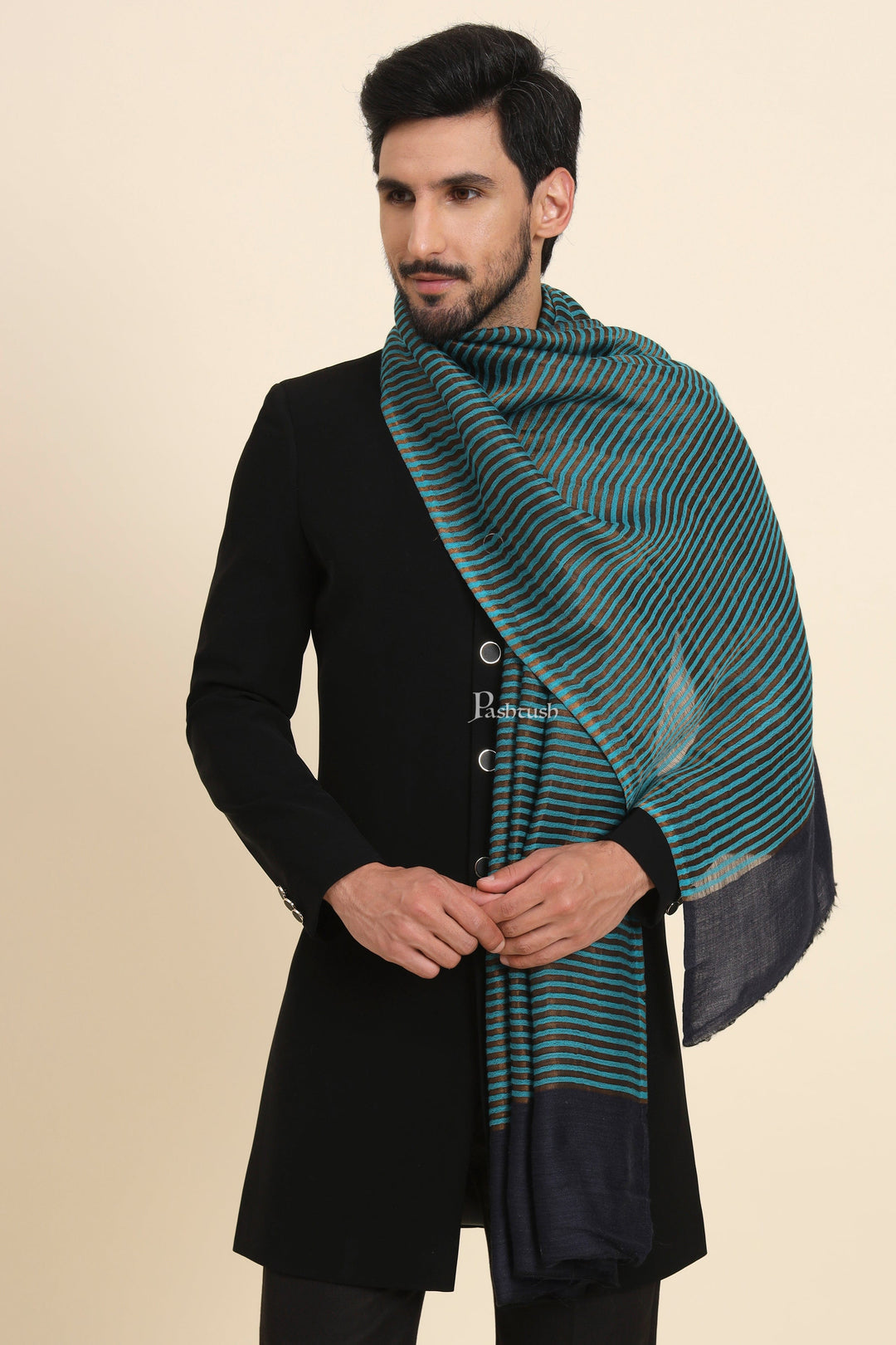 Pashtush India Mens Shawls Gents Shawl Pashtush Mens Twilight Collection Stole, Striped Design, Azure Blue