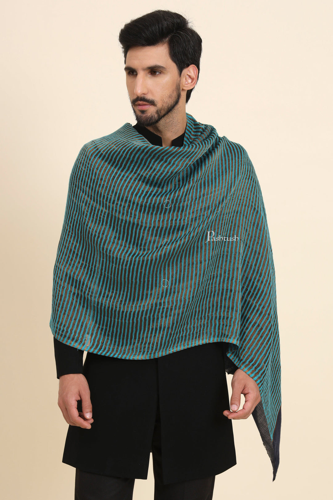Pashtush India Mens Shawls Gents Shawl Pashtush Mens Twilight Collection Stole, Striped Design, Azure Blue
