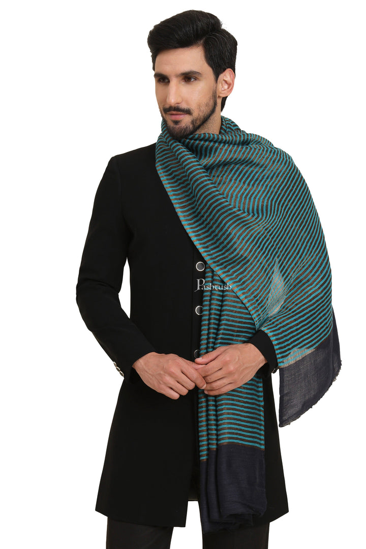 Pashtush India Mens Shawls Gents Shawl Pashtush Mens Twilight Collection Stole, Striped Design, Azure Blue