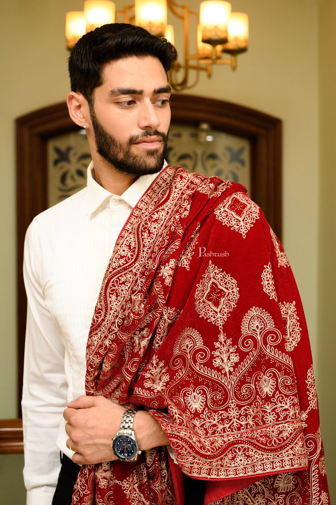 Pashtush India Mens Scarves Stoles and Mufflers Pashtush Mens Velvet Dupatta, Velvet Stole With Ethnic Embroidery Design, Maroon