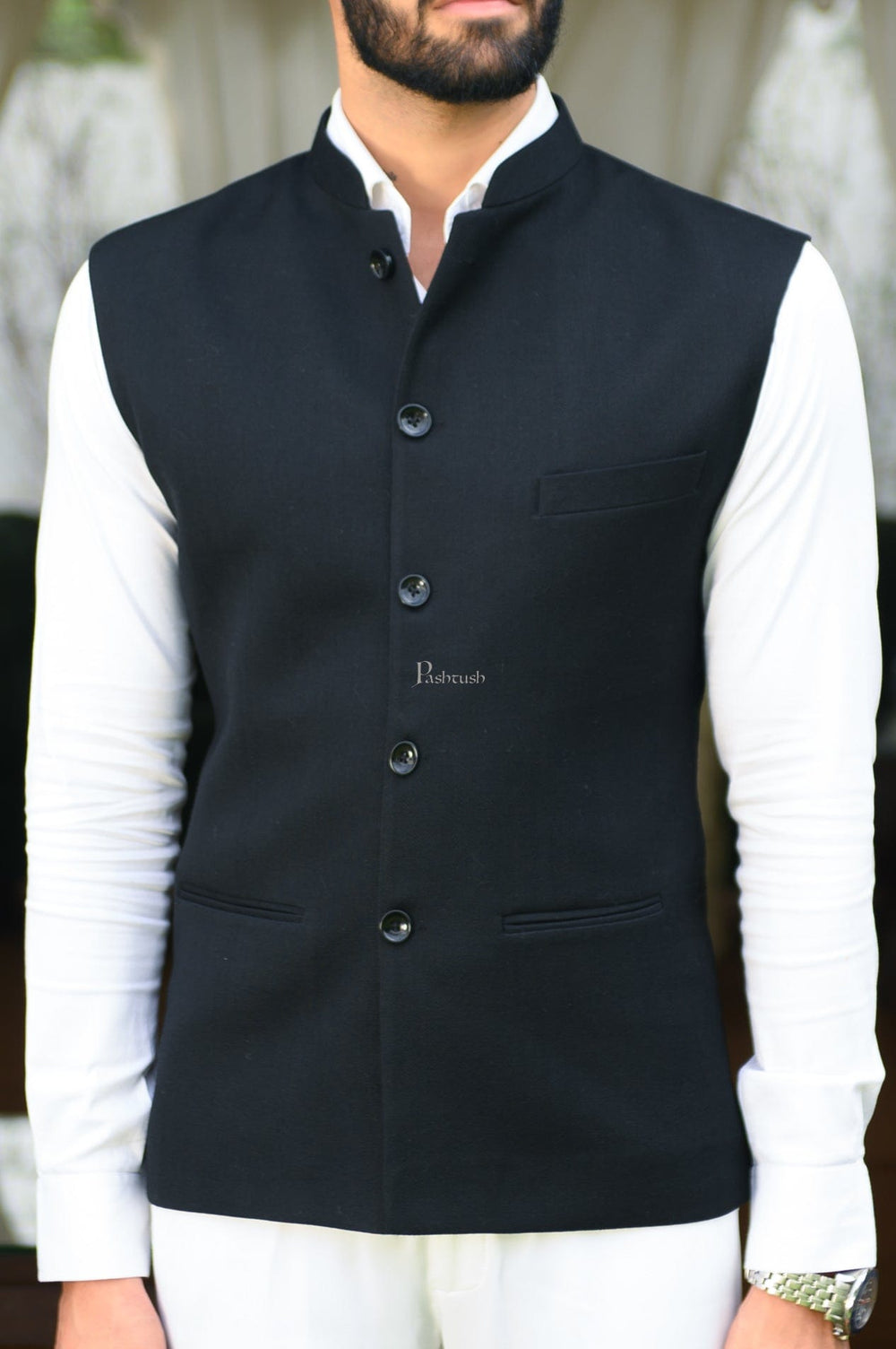 Pashtush India Coats & Jackets Pashtush Mens Waistcoat, Fine Wool, Solid Black