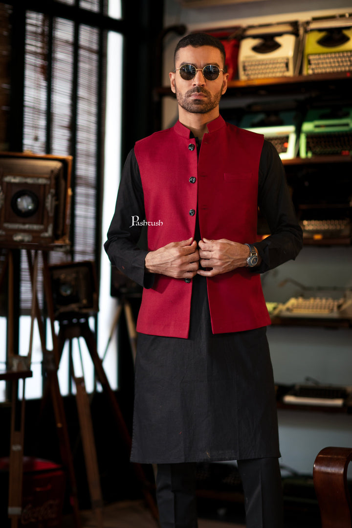Pashtush India Coats & Jackets Pashtush Mens Waistcoat, Fine Wool, Solid Maroon