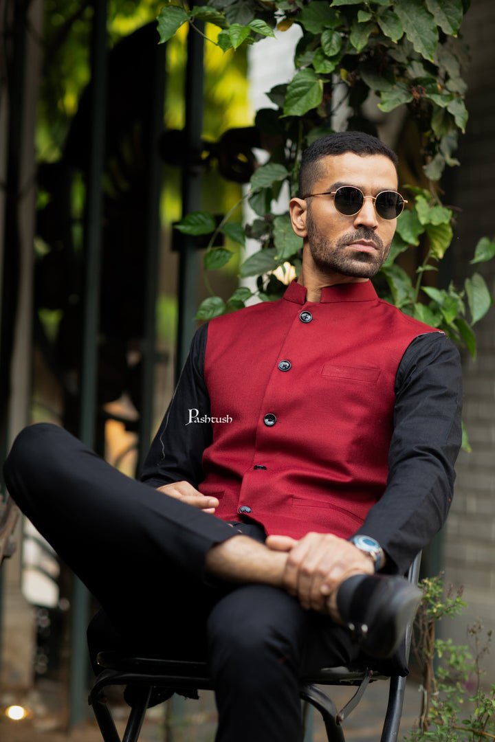 Pashtush India Coats & Jackets Pashtush Mens Waistcoat, Fine Wool, Solid Maroon