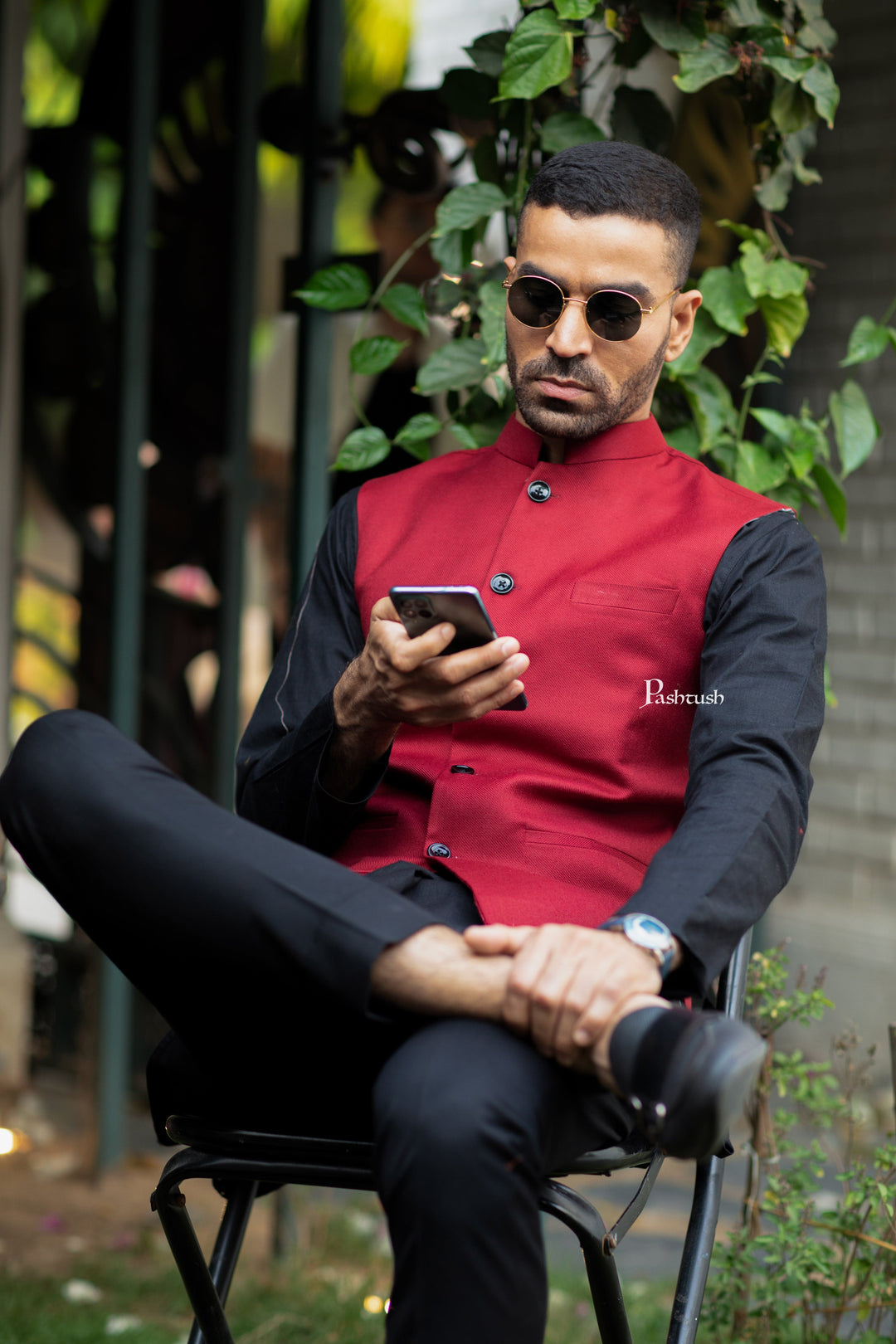 Pashtush India Coats & Jackets Pashtush Mens Waistcoat, Fine Wool, Solid Maroon