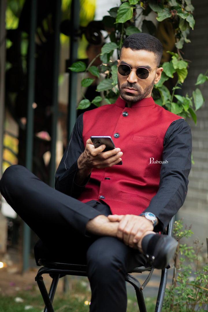 Pashtush India Coats & Jackets Pashtush Mens Waistcoat, Fine Wool, Solid Maroon
