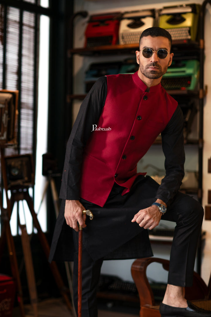 Pashtush India Coats & Jackets Pashtush Mens Waistcoat, Fine Wool, Solid Maroon