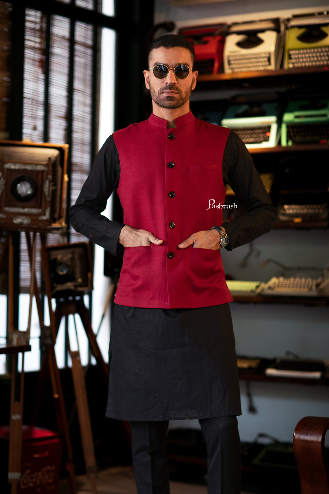 Pashtush India Coats & Jackets Pashtush Mens Waistcoat, Fine Wool, Solid Maroon
