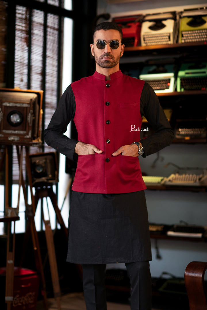 Pashtush India Coats & Jackets Pashtush Mens Waistcoat, Fine Wool, Solid Maroon
