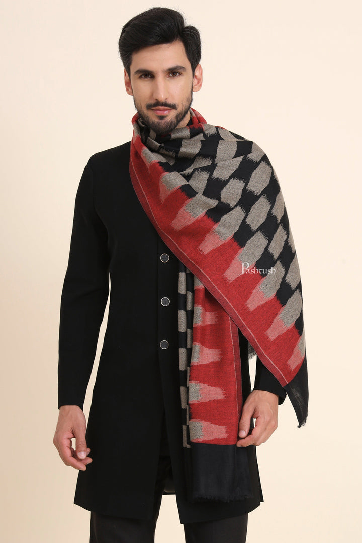 Pashtush India Mens Scarves Stoles and Mufflers Pashtush Mens Wool Silk Stole, Honey-Comb Weave Design, Maroon And Black