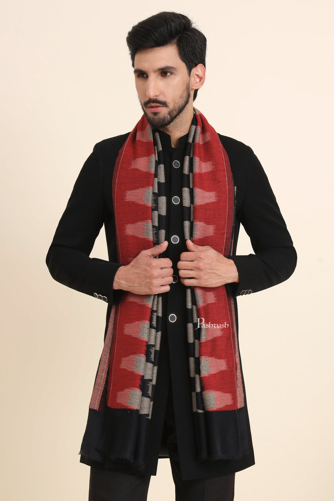 Pashtush India Mens Scarves Stoles and Mufflers Pashtush Mens Wool Silk Stole, Honey-Comb Weave Design, Maroon And Black
