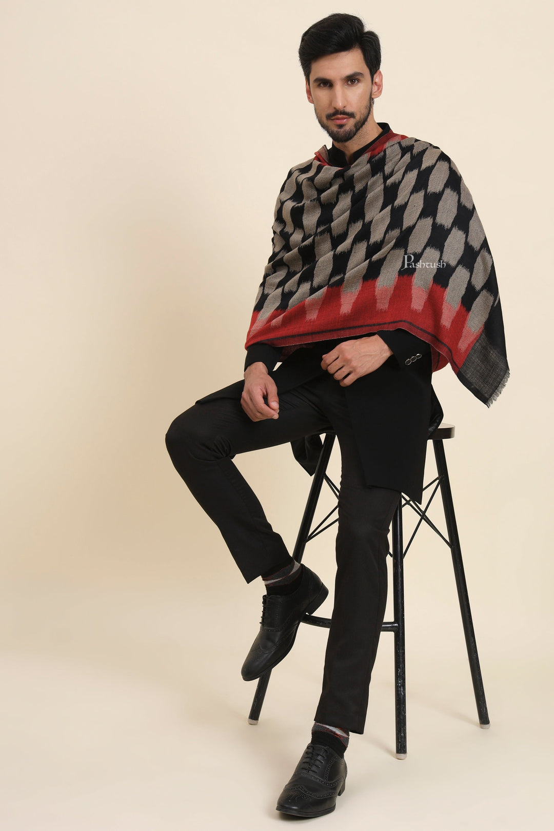 Pashtush India Mens Scarves Stoles and Mufflers Pashtush Mens Wool Silk Stole, Honey-Comb Weave Design, Maroon And Black