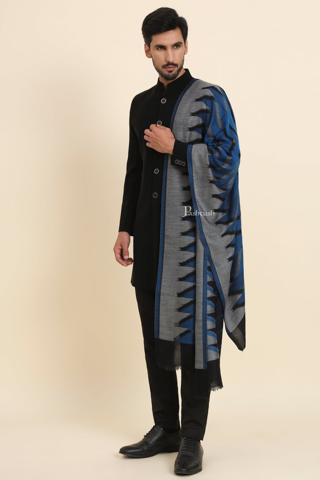 Pashtush India Mens Scarves Stoles and Mufflers Pashtush Mens Wool Silk Stole, Soft Geometric Woven  Design, Blue