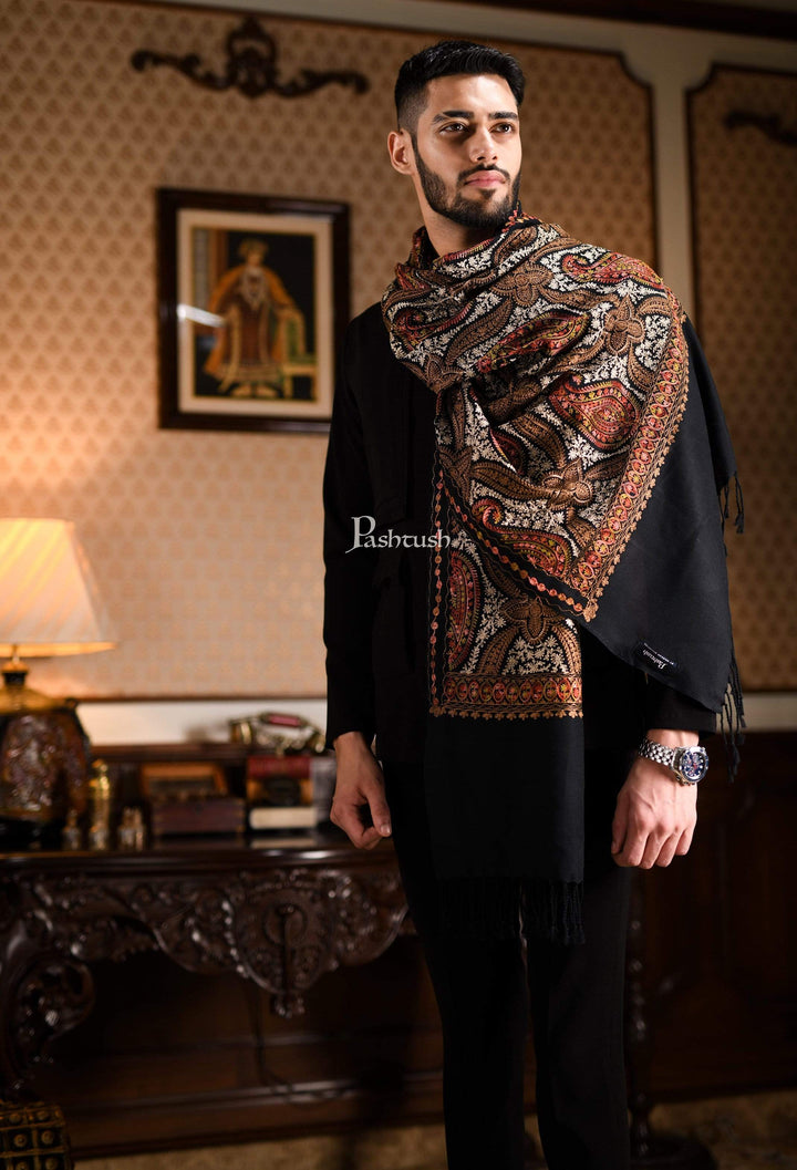Pashtush India 70x200 Pashtush Mens Woollen Stole with Nalki Embroidery, Black