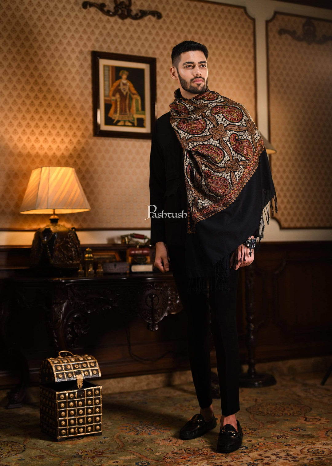 Pashtush India 70x200 Pashtush Mens Woollen Stole with Nalki Embroidery, Black