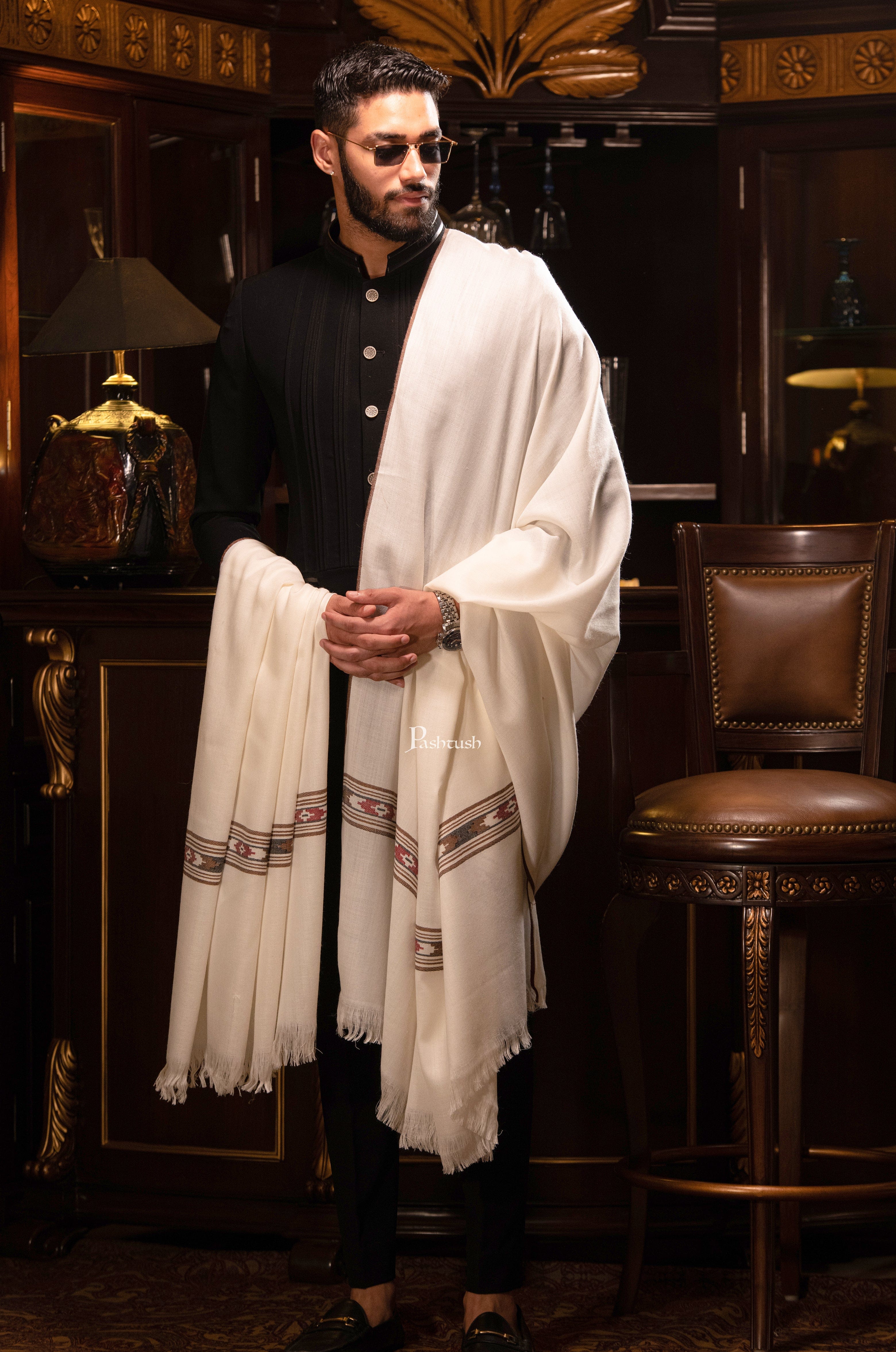 Pashtush Mens Woven Aztec Design Shawl, Fine Wool, Ivory