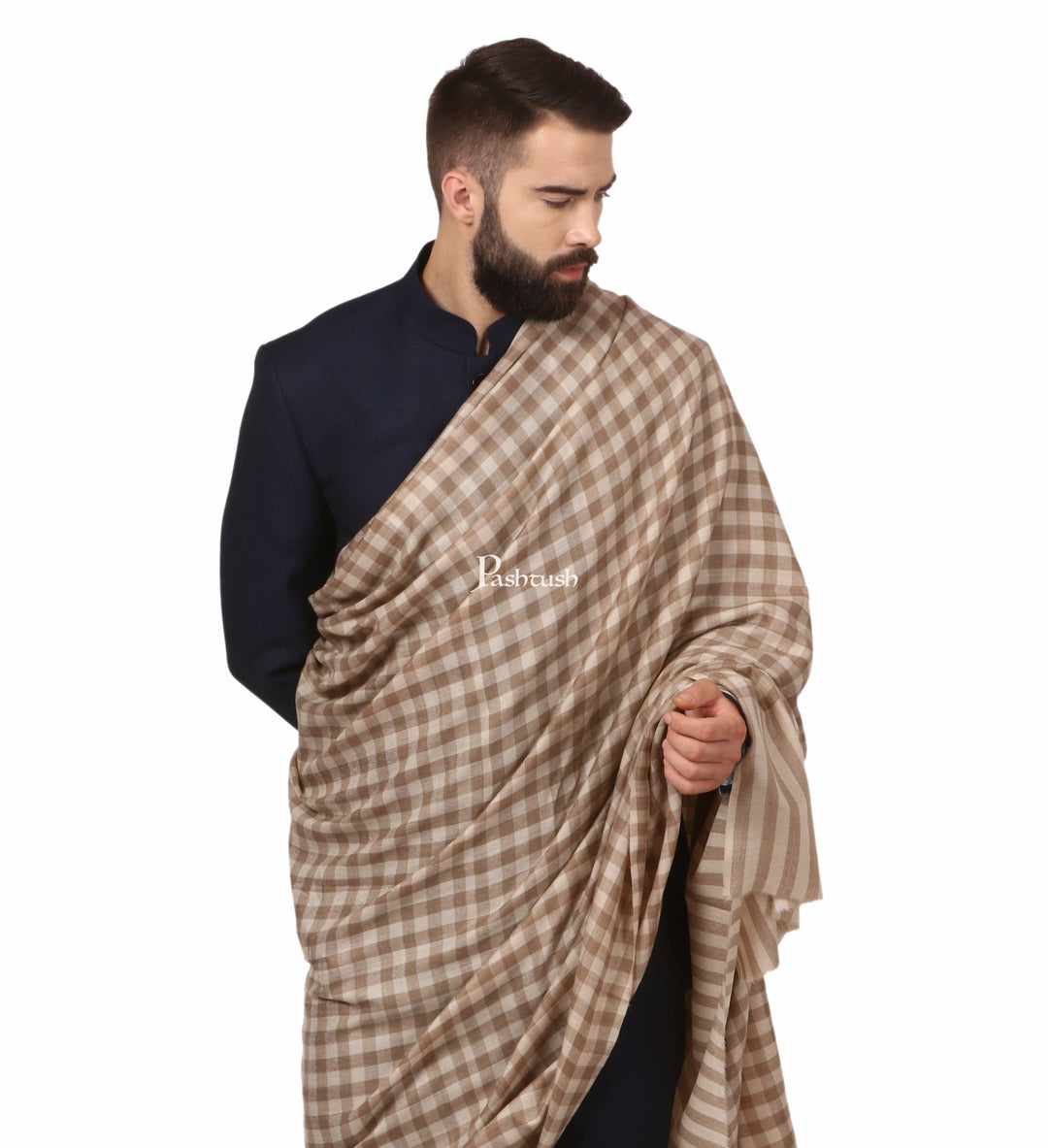 Pashtush India Mens Shawls Gents Shawl Pashtush Mens Woven Check Design Shawl, Australian Merino Wool Light Weight, Soft Handfeel