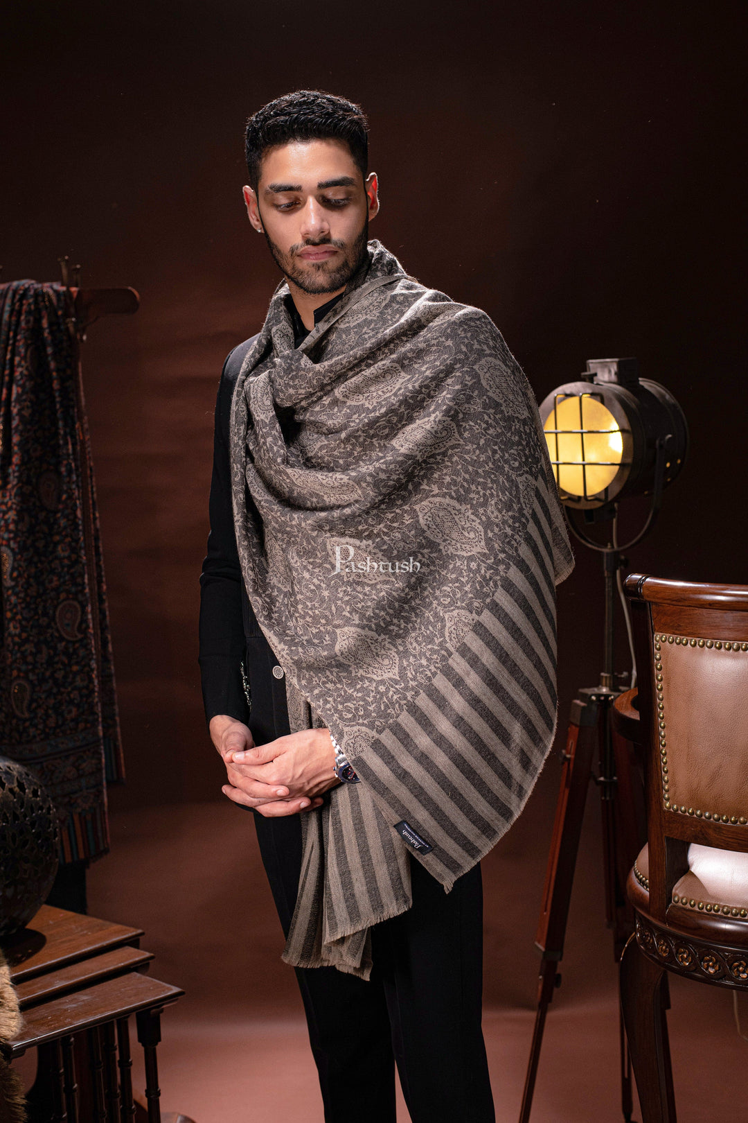 Pashtush India Mens Scarves Stoles and Mufflers Pashtush Mens Woven Extra Fine Wool Cashmere Handfeel Shawl, Black