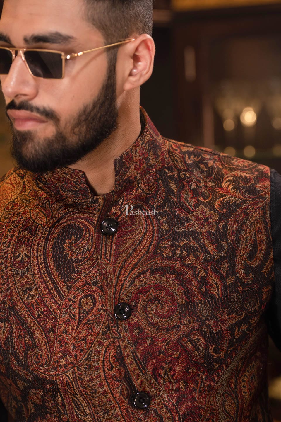 Pashtush India Coats &amp; Jackets Pashtush Mens Woven Jacquard Structured Waistcoat, Slim Fit