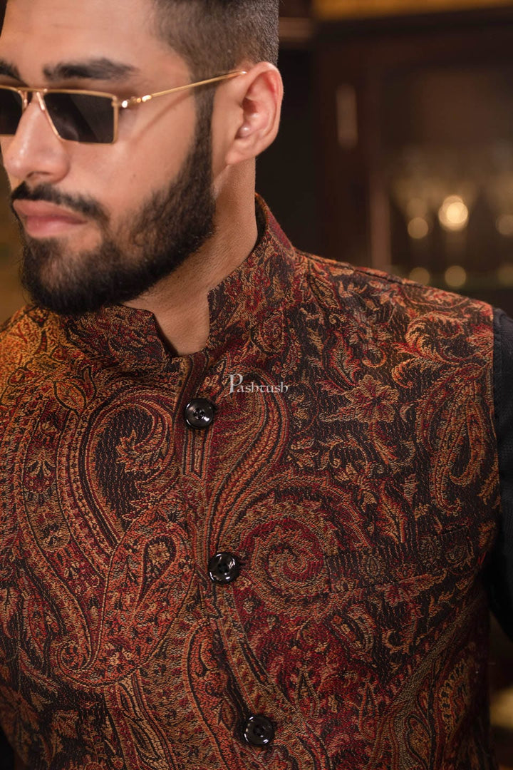 Pashtush India Coats &amp; Jackets Pashtush Mens Woven Jacquard Structured Waistcoat, Slim Fit