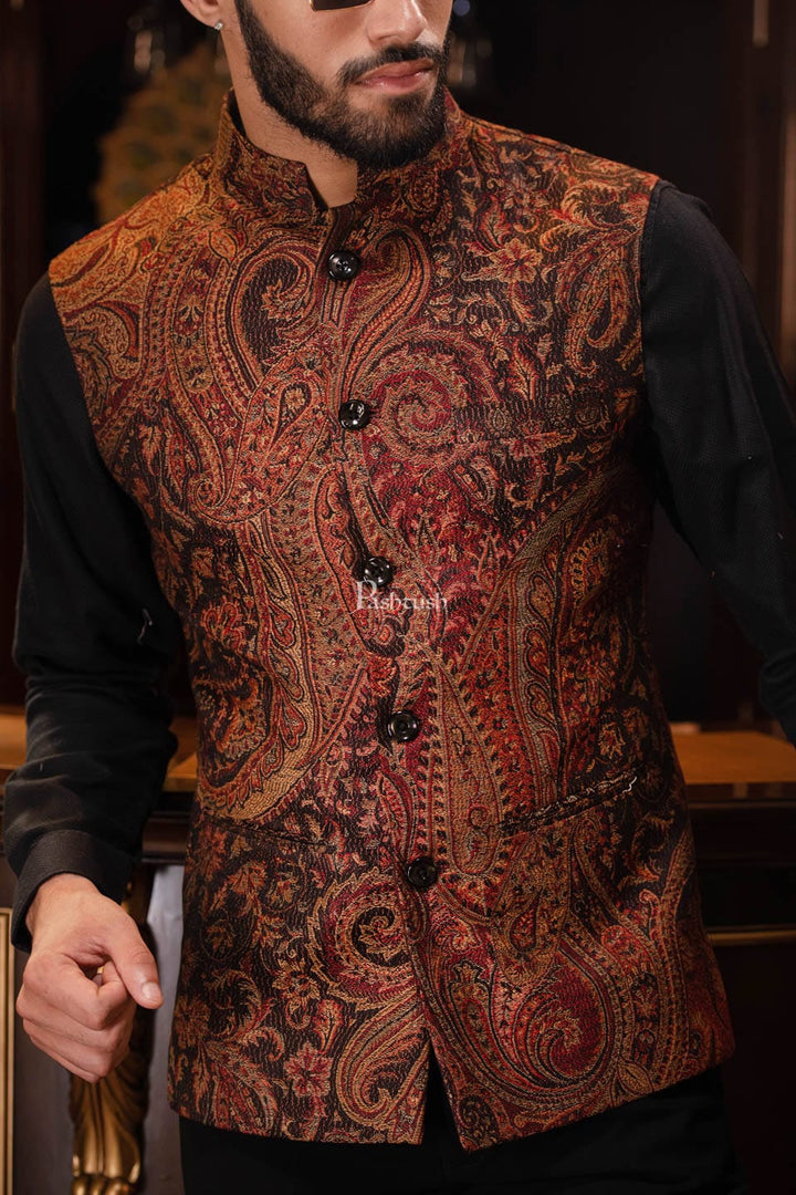 Pashtush India Coats &amp; Jackets Pashtush Mens Woven Jacquard Structured Waistcoat, Slim Fit
