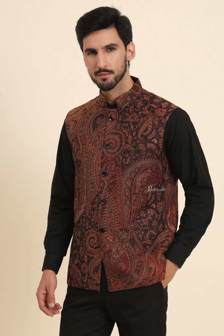 Pashtush India Coats &amp; Jackets Pashtush Mens Woven Jacquard Structured Waistcoat, Slim Fit