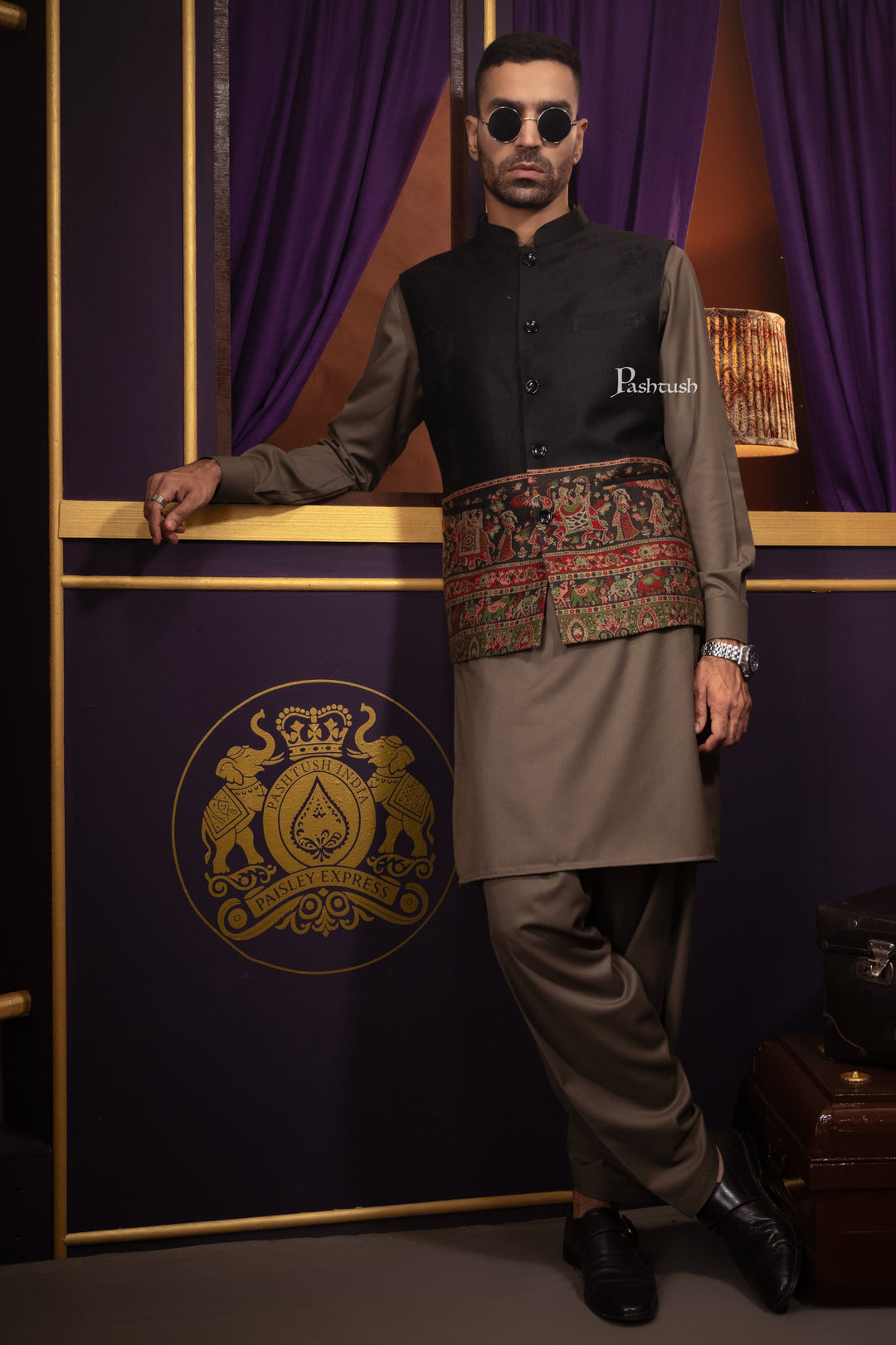 Pashtush India Coats &amp; Jackets Pashtush Mens Woven Jacquard Structured Waistcoat, Slim Fit, Arabic Sea Blue