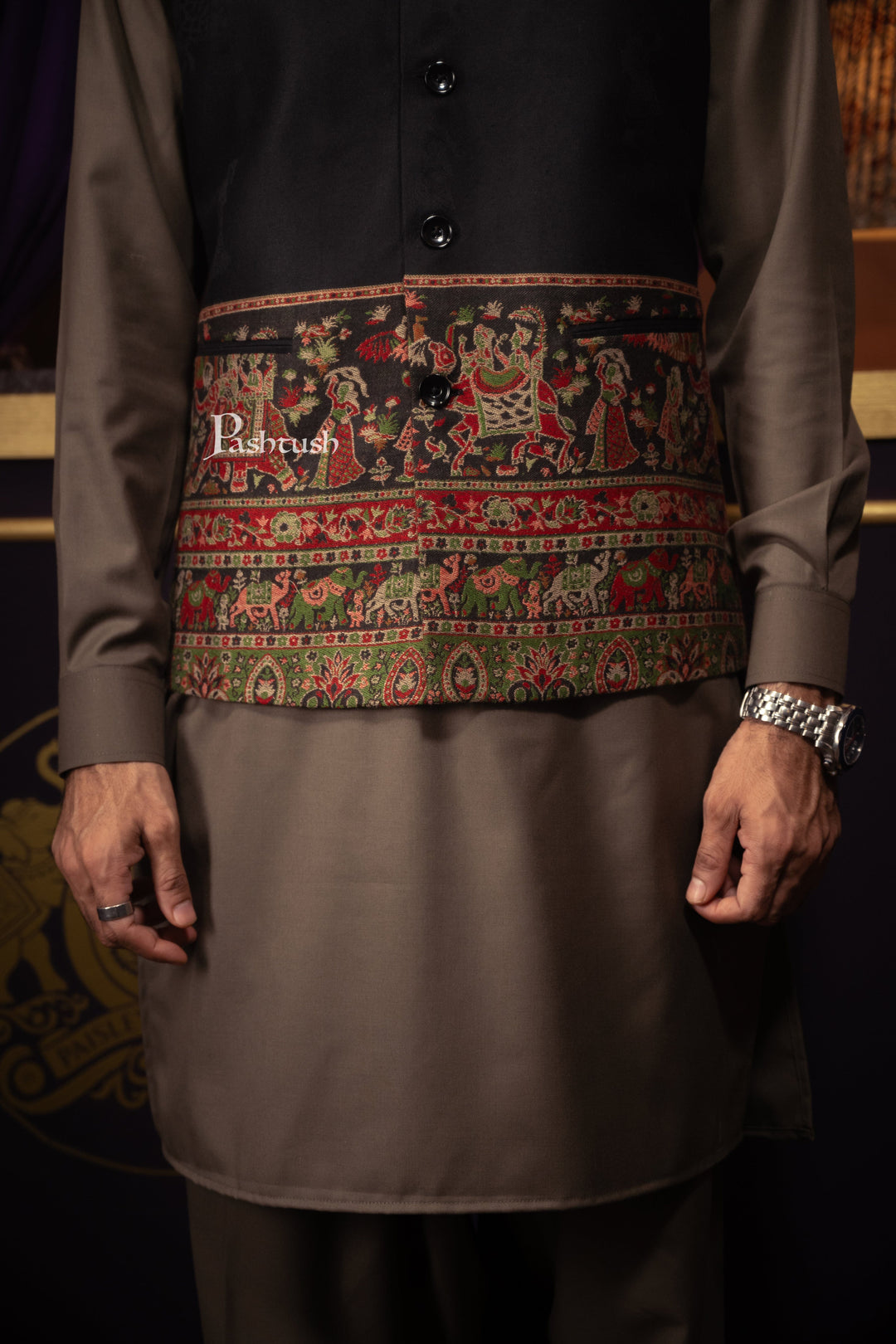 Pashtush India Coats &amp; Jackets Pashtush Mens Woven Jacquard Structured Waistcoat, Slim Fit, Arabic Sea Blue