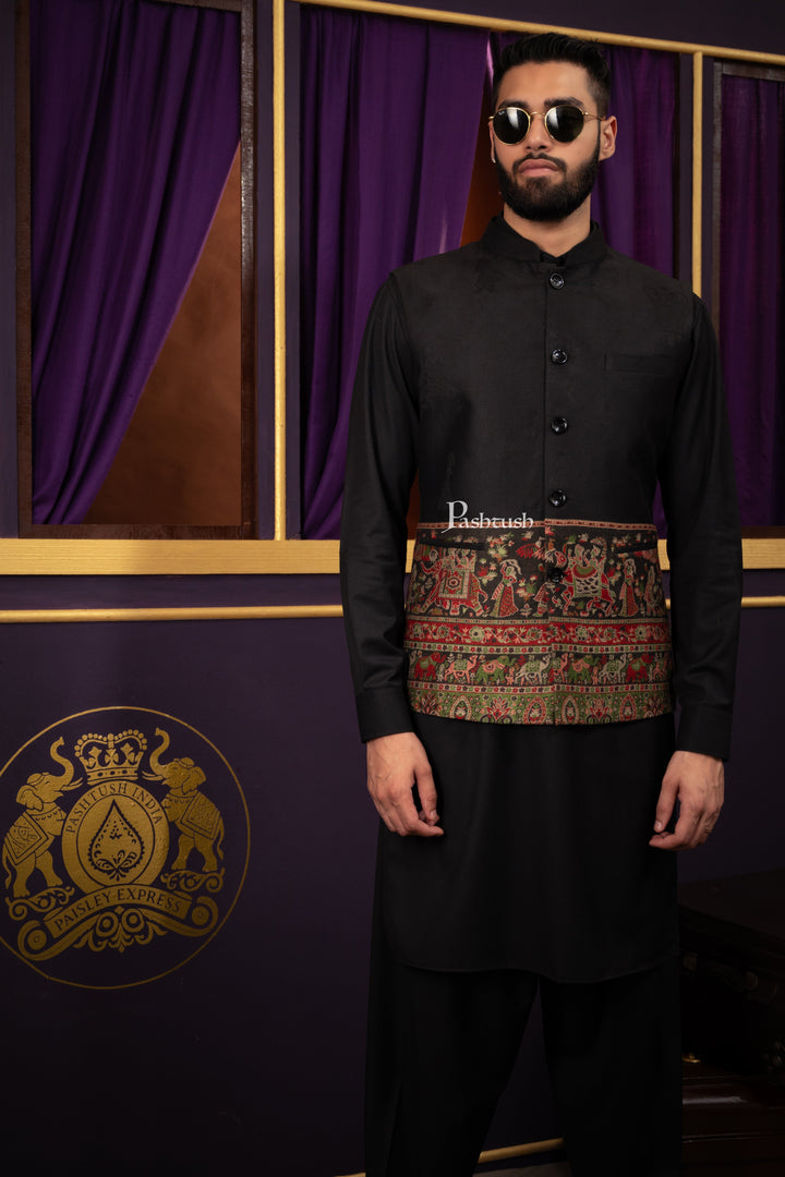 Pashtush India Coats &amp; Jackets Pashtush Mens Woven Jacquard Structured Waistcoat, Slim Fit, Arabic Sea Blue