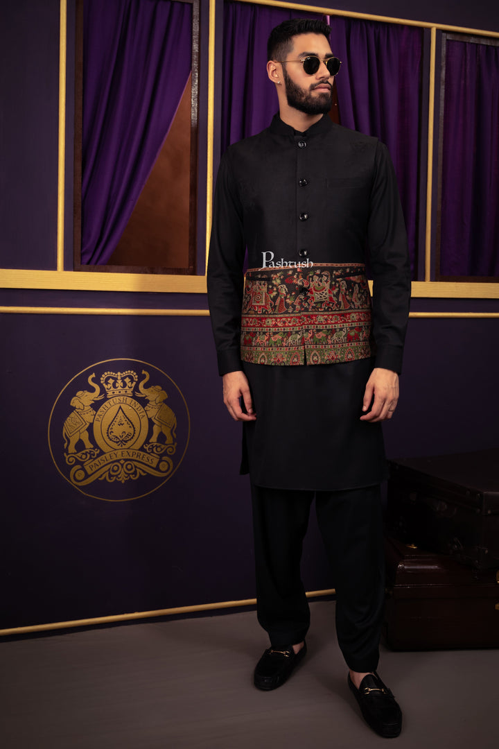 Pashtush India Coats &amp; Jackets Pashtush Mens Woven Jacquard Structured Waistcoat, Slim Fit, Arabic Sea Blue