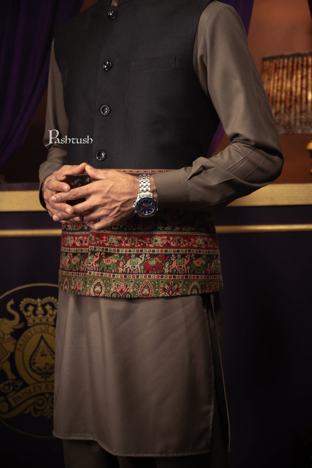 Pashtush India Coats &amp; Jackets Pashtush Mens Woven Jacquard Structured Waistcoat, Slim Fit, Arabic Sea Blue