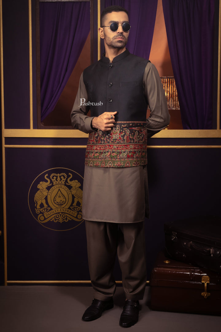 Pashtush India Coats &amp; Jackets Pashtush Mens Woven Jacquard Structured Waistcoat, Slim Fit, Arabic Sea Blue