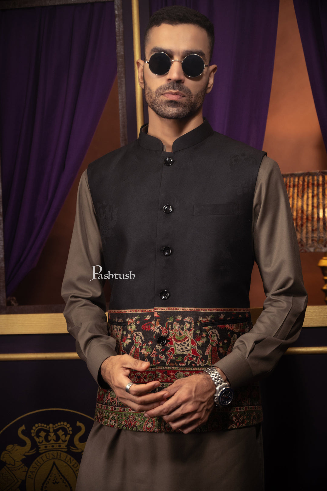 Pashtush India Coats &amp; Jackets Pashtush Mens Woven Jacquard Structured Waistcoat, Slim Fit, Arabic Sea Blue