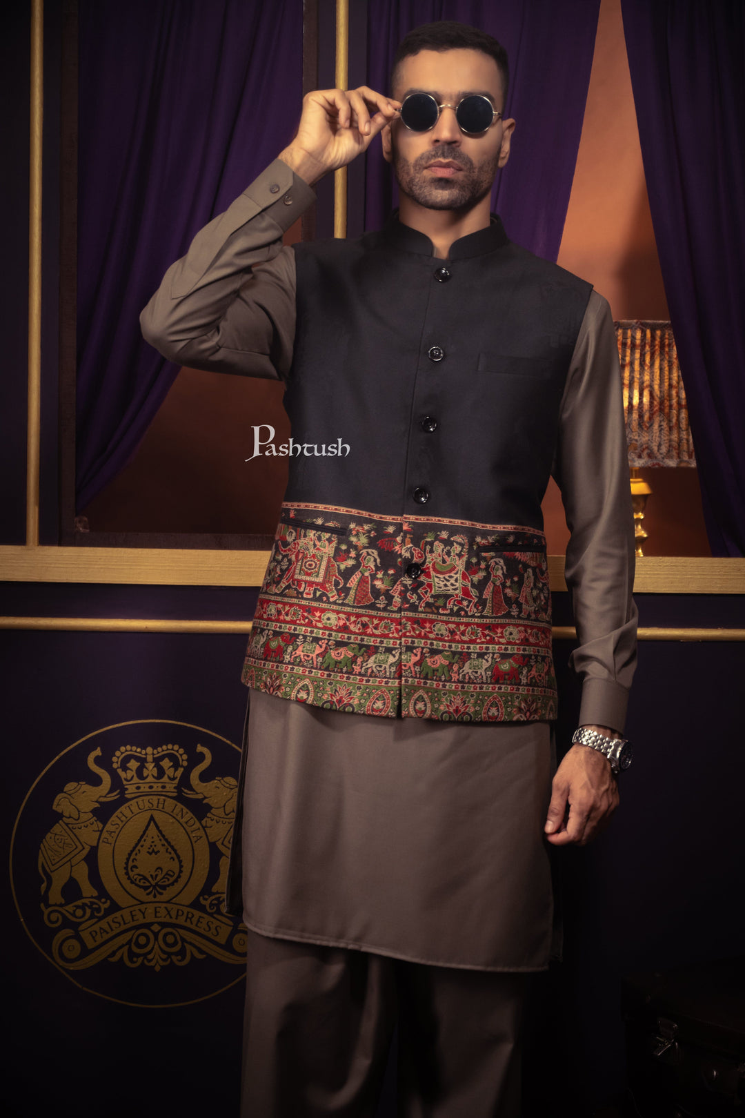 Pashtush India Coats &amp; Jackets Pashtush Mens Woven Jacquard Structured Waistcoat, Slim Fit, Arabic Sea Blue