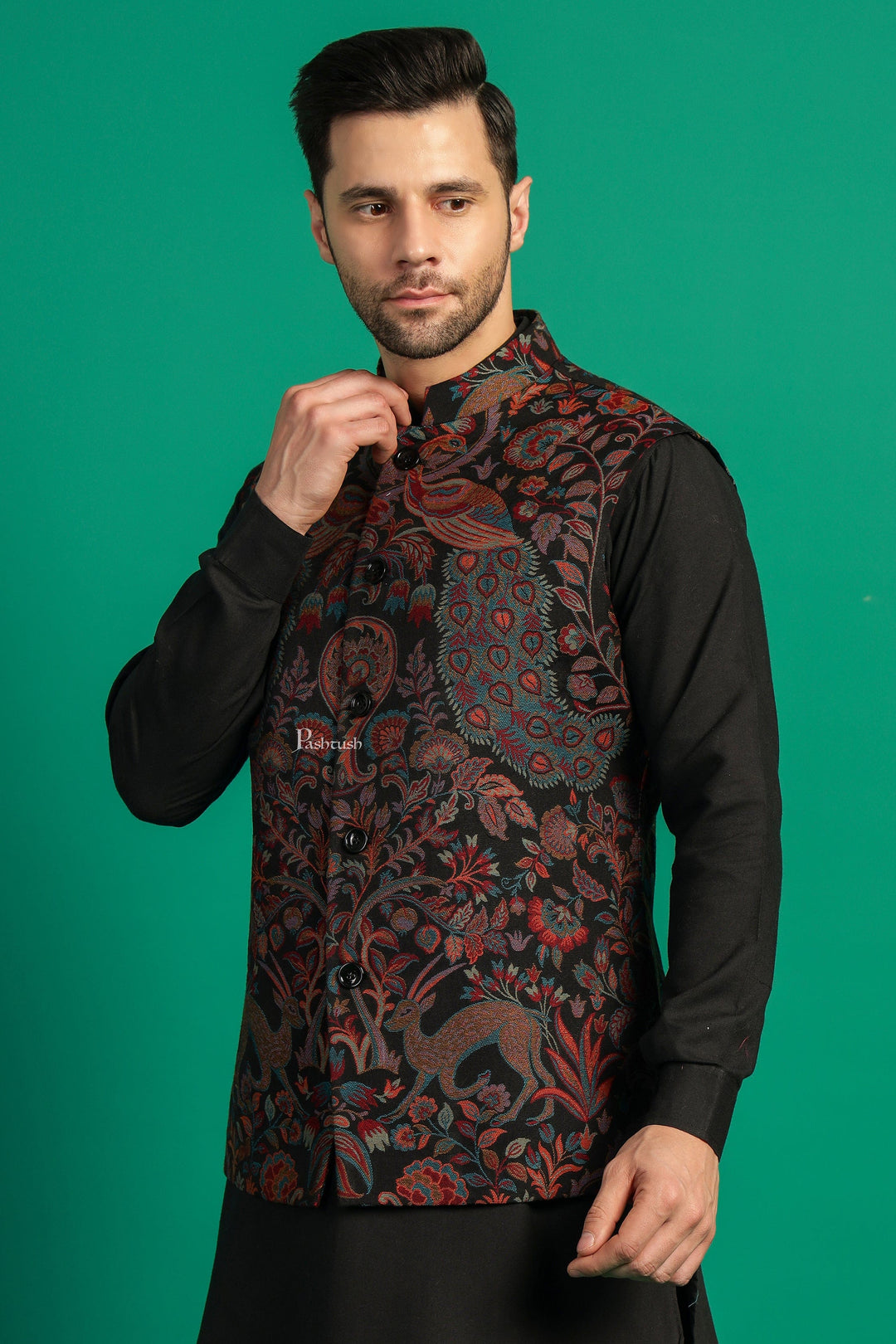 Pashtush India Coats &amp; Jackets Pashtush Mens Woven Jacquard Structured Waistcoat, Slim Fit, Black