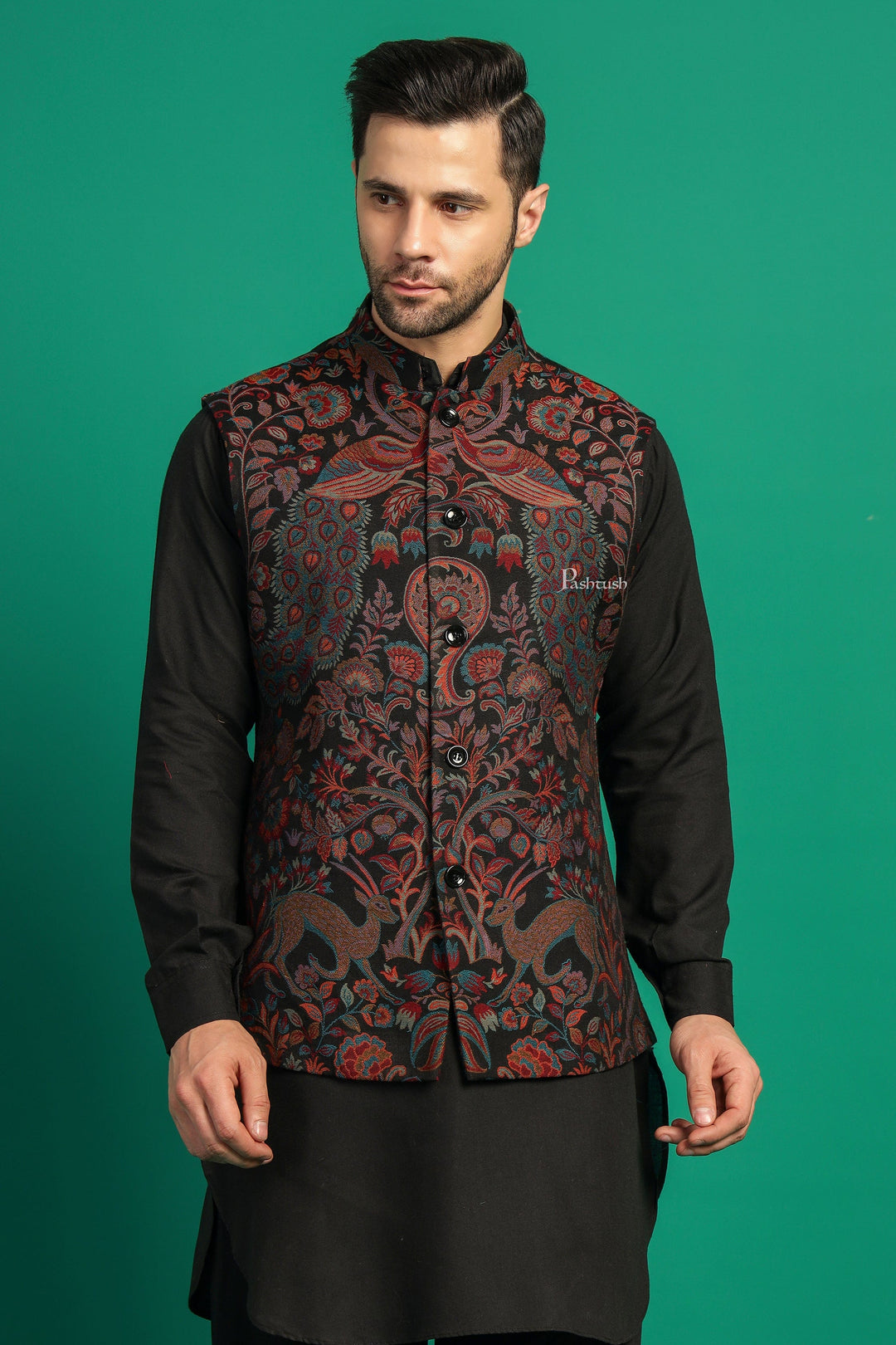 Pashtush India Coats & Jackets Pashtush Mens Woven Jacquard Structured Waistcoat, Slim Fit, Black