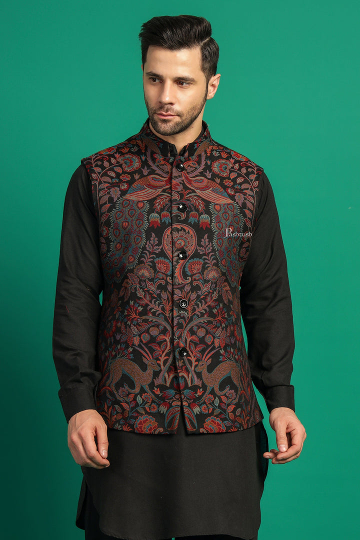 Pashtush India Coats &amp; Jackets Pashtush Mens Woven Jacquard Structured Waistcoat, Slim Fit, Black