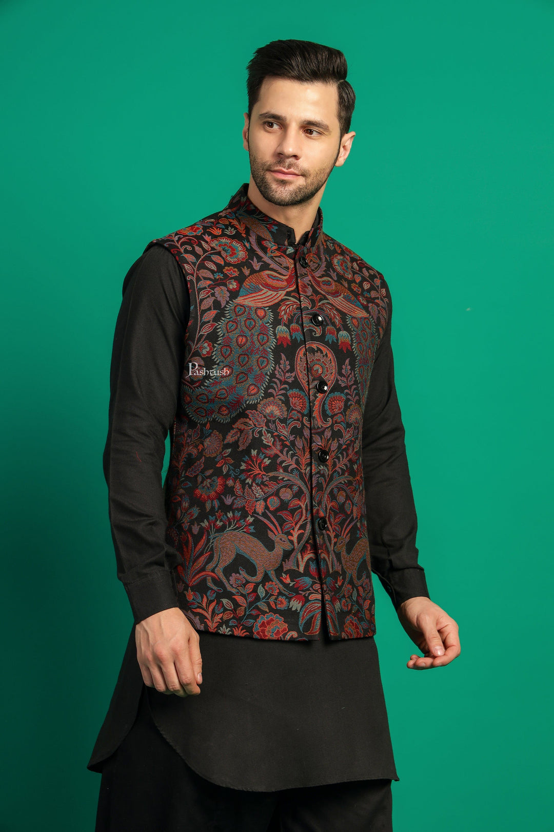 Pashtush India Coats &amp; Jackets Pashtush Mens Woven Jacquard Structured Waistcoat, Slim Fit, Black