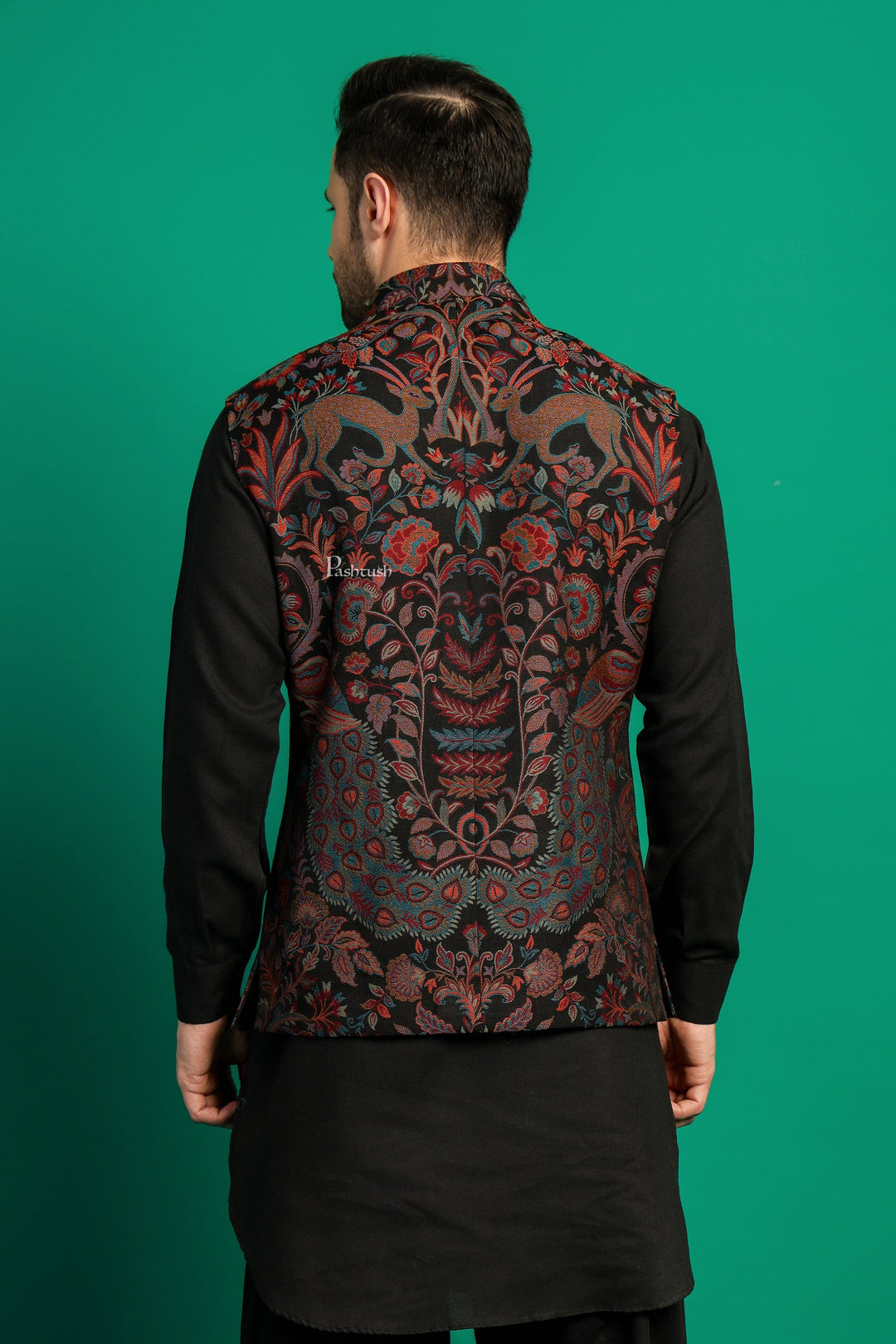 Pashtush India Coats &amp; Jackets Pashtush Mens Woven Jacquard Structured Waistcoat, Slim Fit, Black