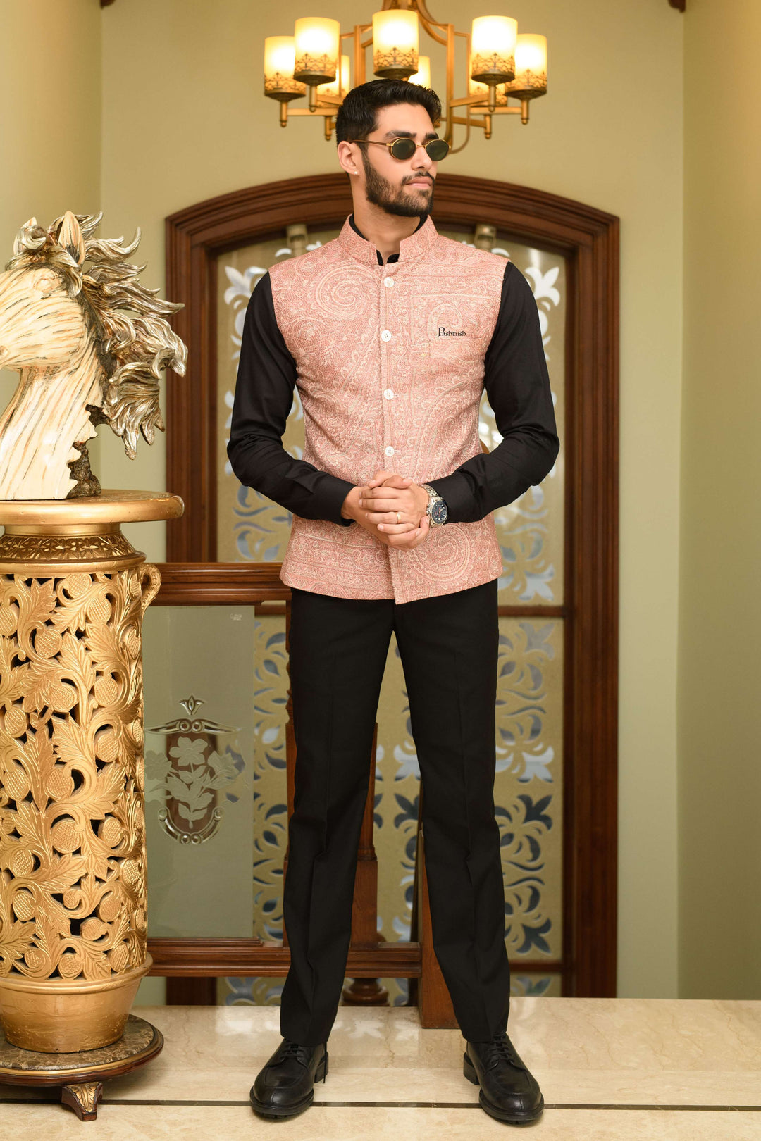 Pashtush India Coats & Jackets Pashtush Mens Woven Jacquard Structured Waistcoat, Slim Fit, Ivory