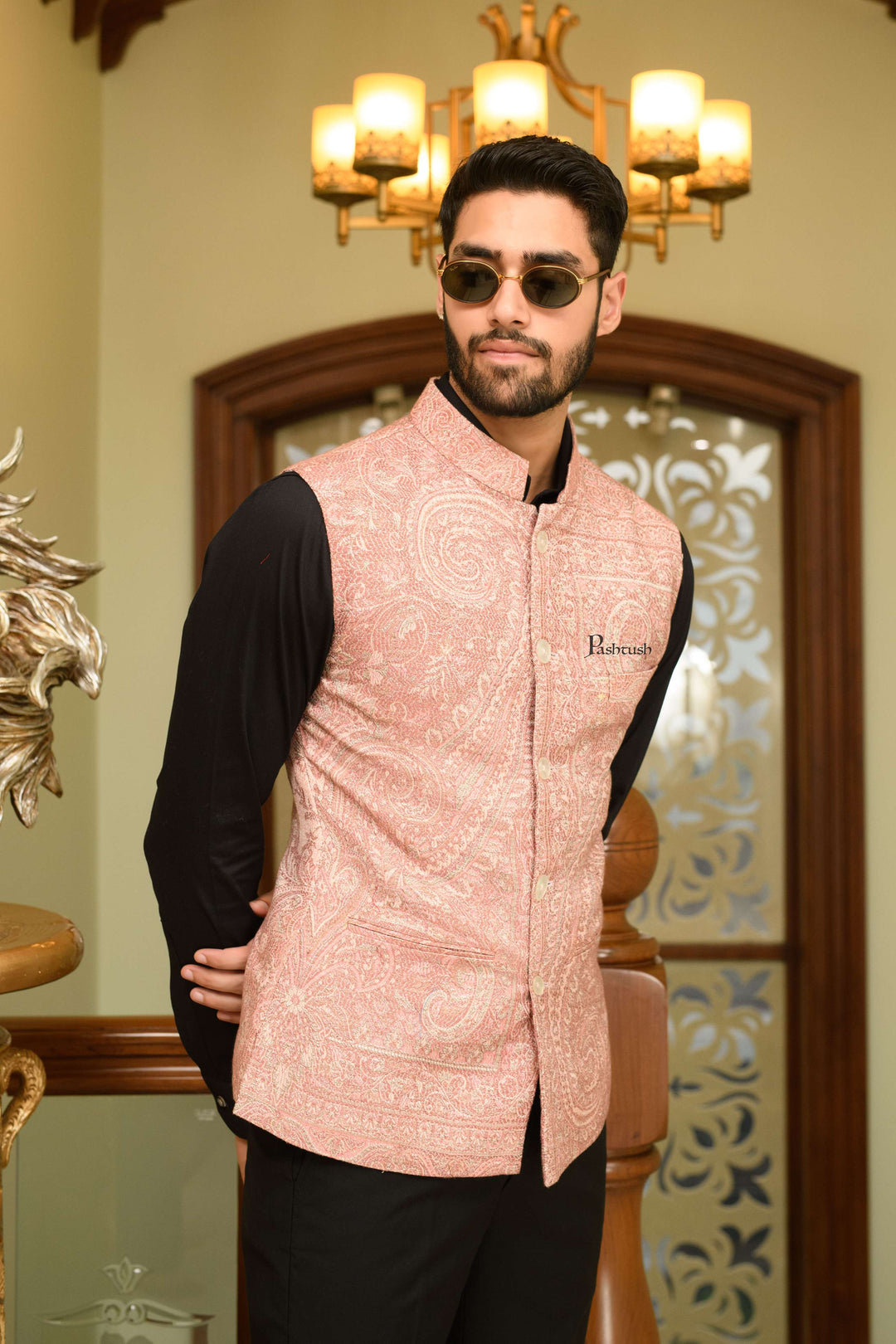 Pashtush India Coats & Jackets Pashtush Mens Woven Jacquard Structured Waistcoat, Slim Fit, Ivory