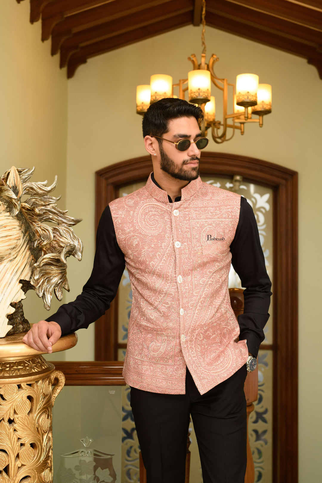 Pashtush India Coats & Jackets Pashtush Mens Woven Jacquard Structured Waistcoat, Slim Fit, Ivory