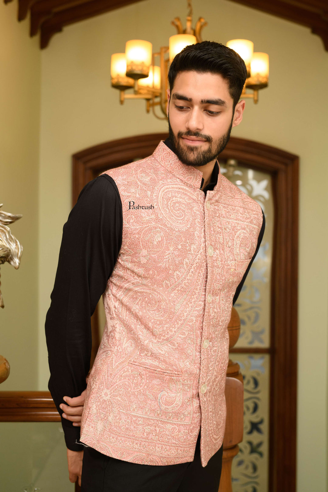 Pashtush India Coats & Jackets Pashtush Mens Woven Jacquard Structured Waistcoat, Slim Fit, Ivory