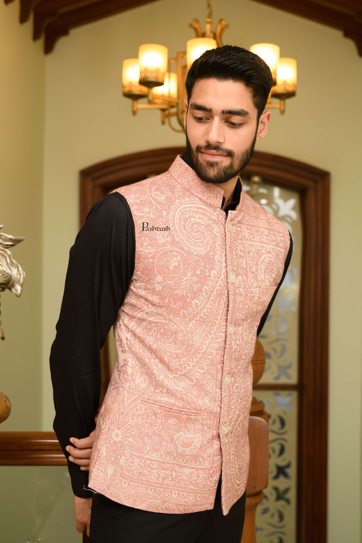 Pashtush India Coats & Jackets Pashtush Mens Woven Jacquard Structured Waistcoat, Slim Fit, Ivory
