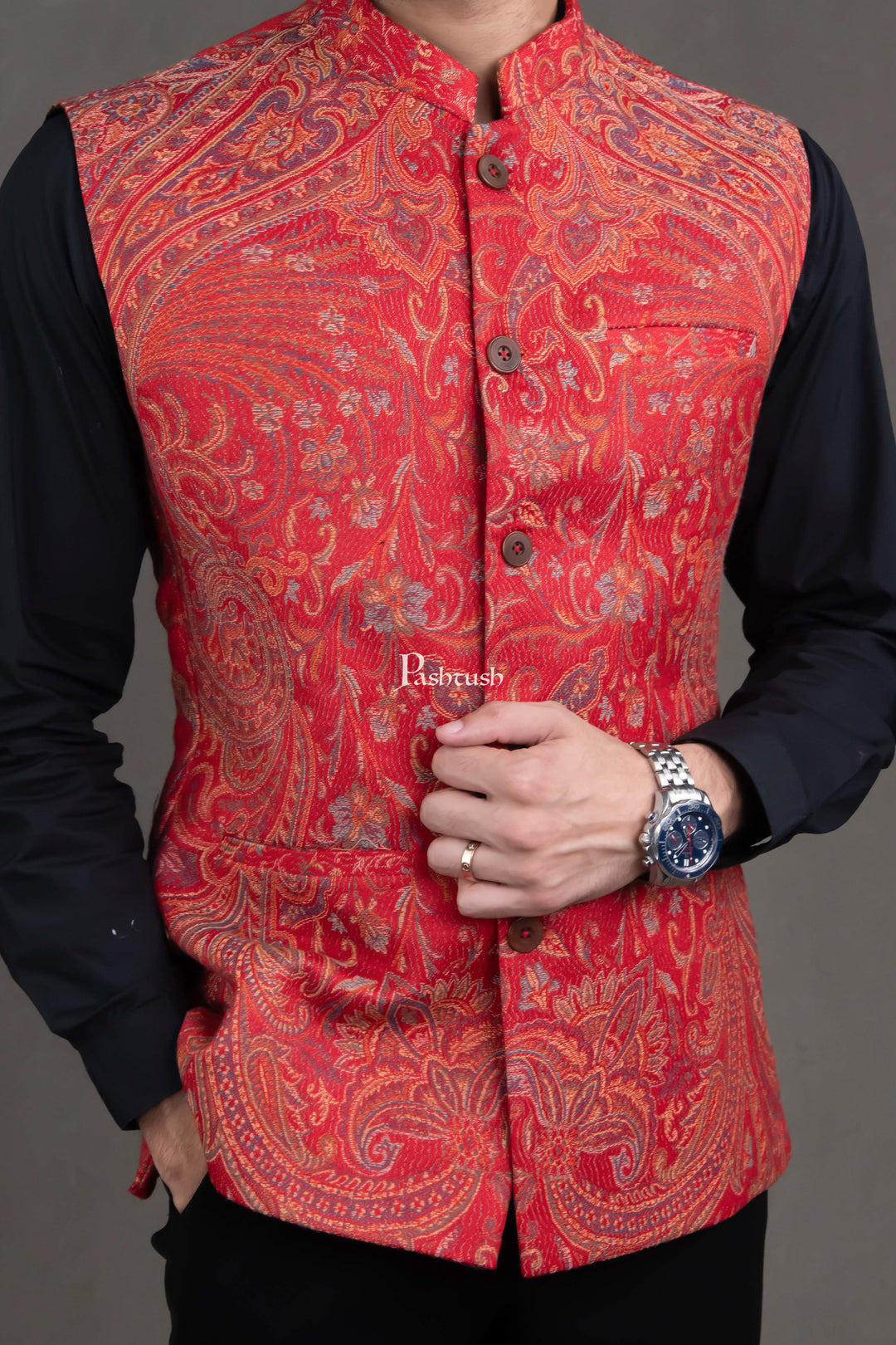 Pashtush India Coats & Jackets Pashtush Mens Woven Jacquard Structured Waistcoat, Slim Fit, Maroon