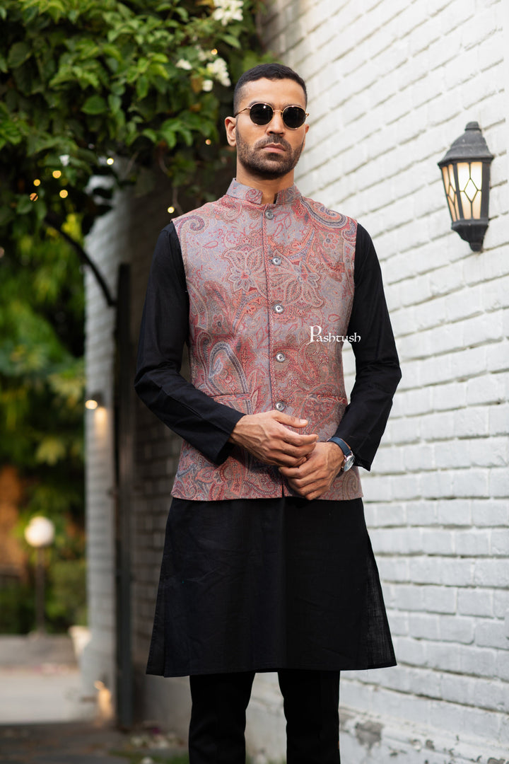 Pashtush India Coats &amp; Jackets Pashtush Mens Woven Jacquard Structured Waistcoat, Slim Fit, Melange Grey
