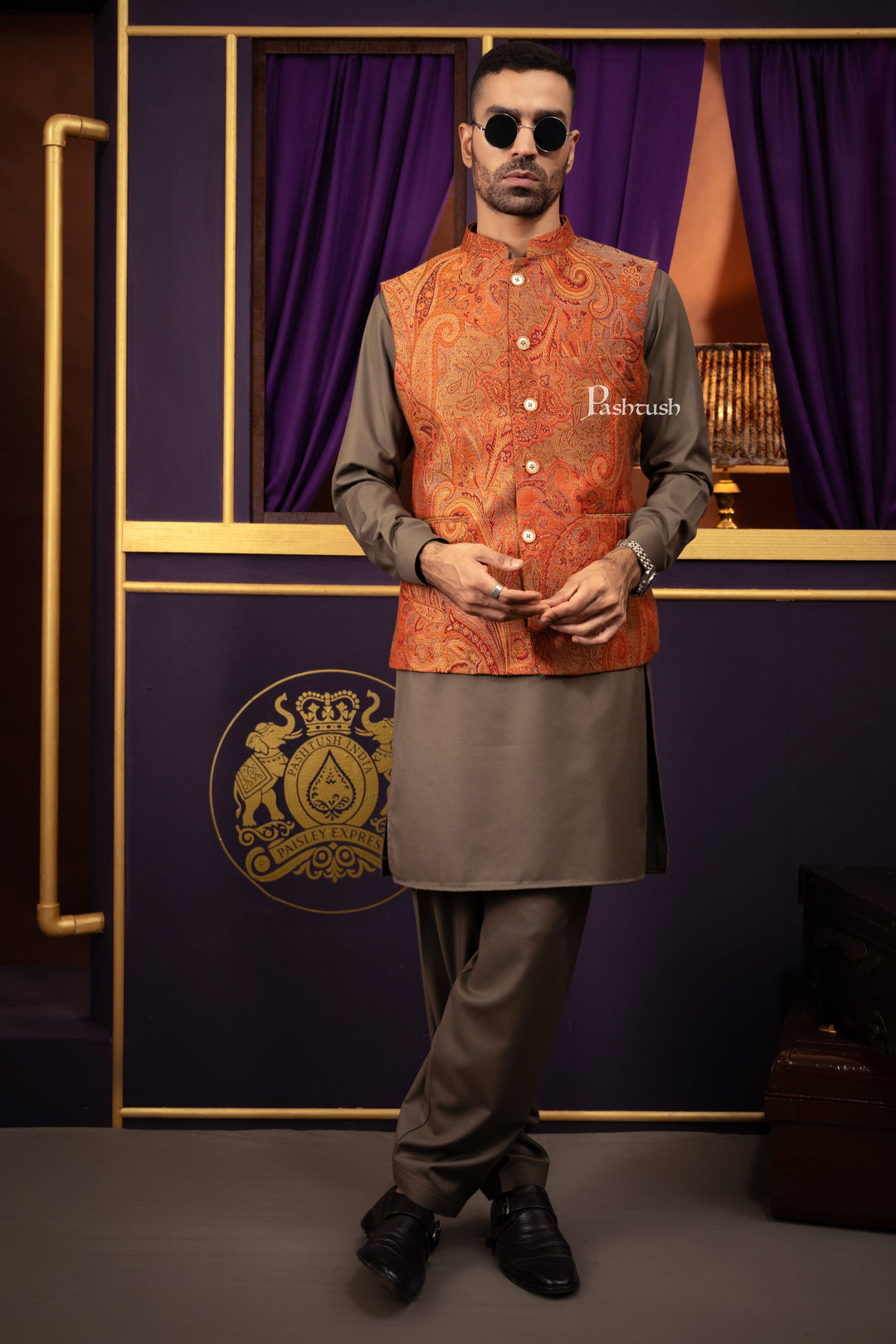 Pashtush India Coats &amp; Jackets Pashtush Mens Woven Jacquard Structured Waistcoat, Slim Fit, Multicolour