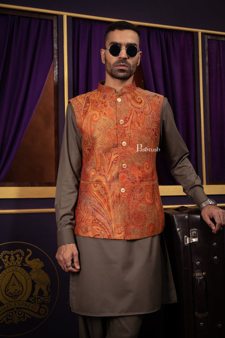 Pashtush India Coats &amp; Jackets Pashtush Mens Woven Jacquard Structured Waistcoat, Slim Fit, Multicolour